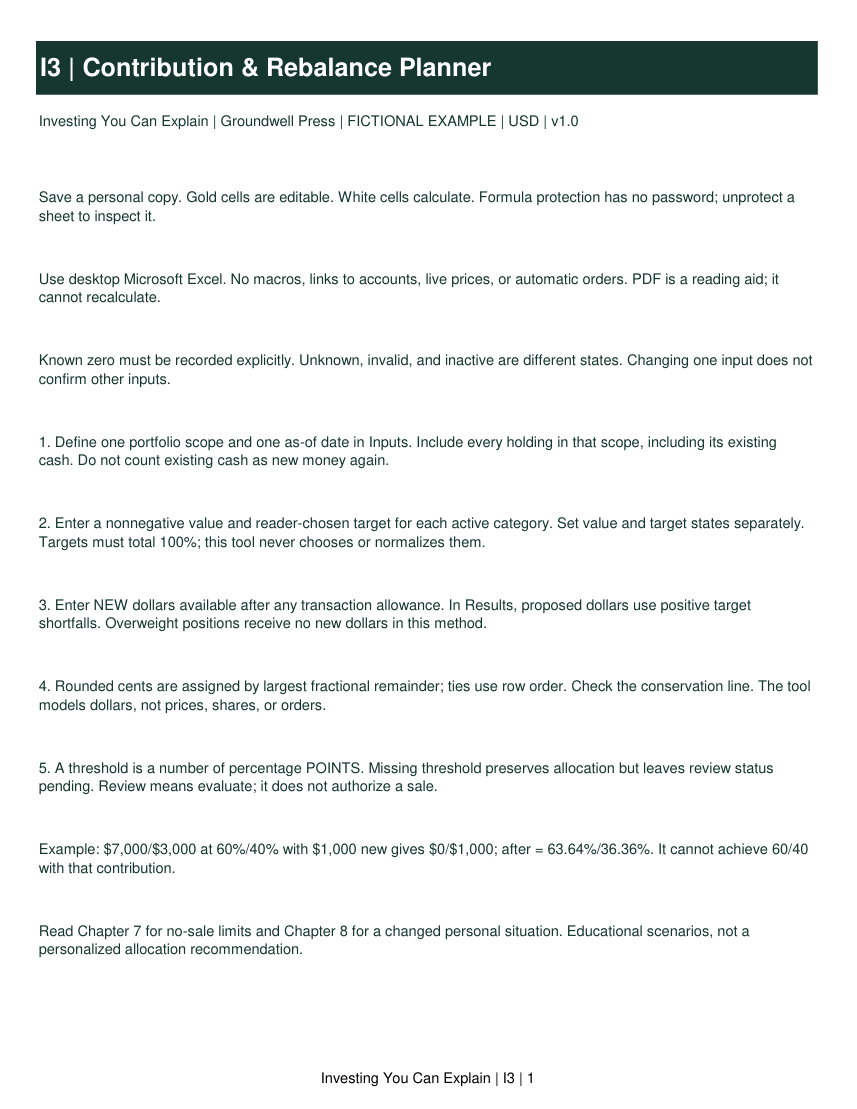 Portfolio Contribution & Rebalance Planner: fictional worked example — current printable instructions and planning view