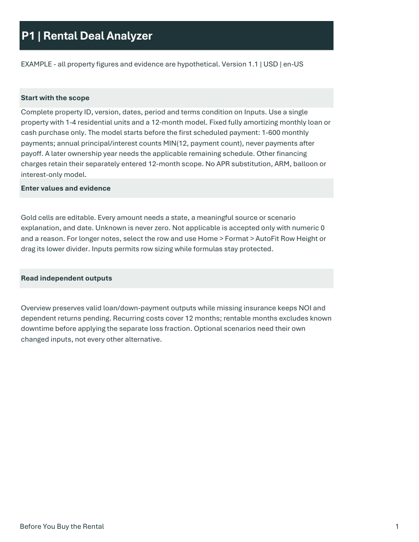 Rental Deal Analyzer: fictional worked example — current printable instructions and planning view