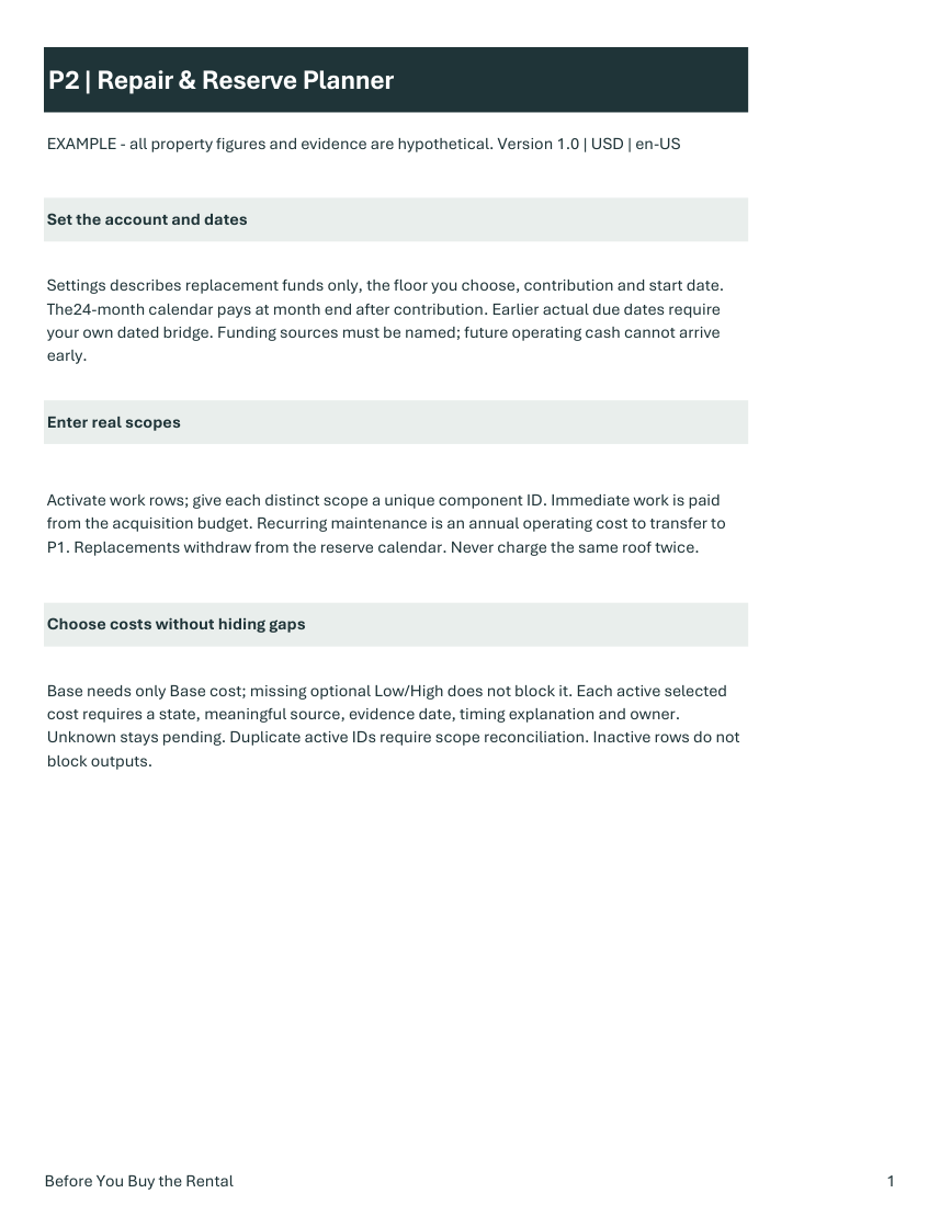 Repair & Reserve Planner: fictional worked example — current printable instructions and planning view